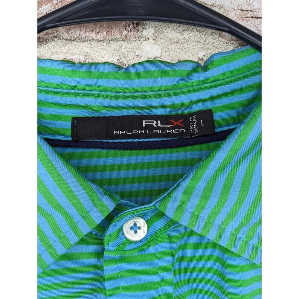 RLX Ralph Lauren Golf Polo Shirt Mens Large L Green Blue Striped Performance